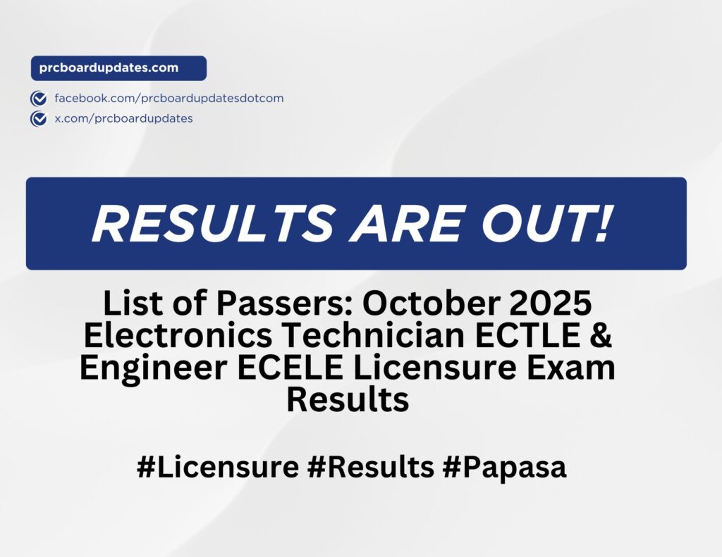 List of Passers: October 2025 Electronics Technician ECTLE & Engineer ECELE Licensure Exam Results