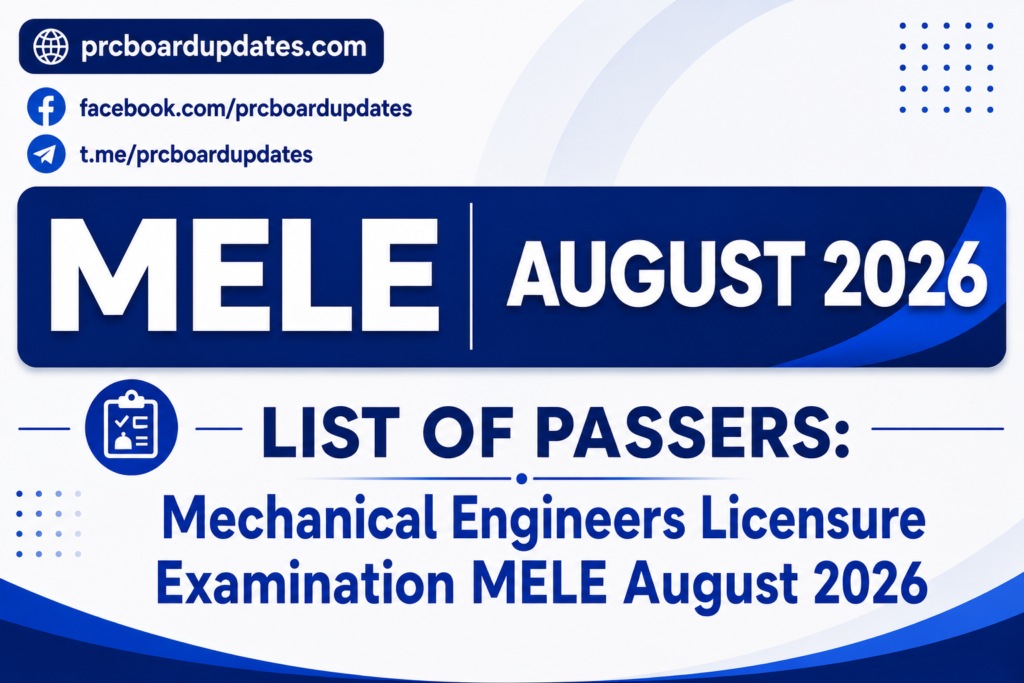 List of Passers: Mechanical Engineers Licensure Examination MELE August 2026