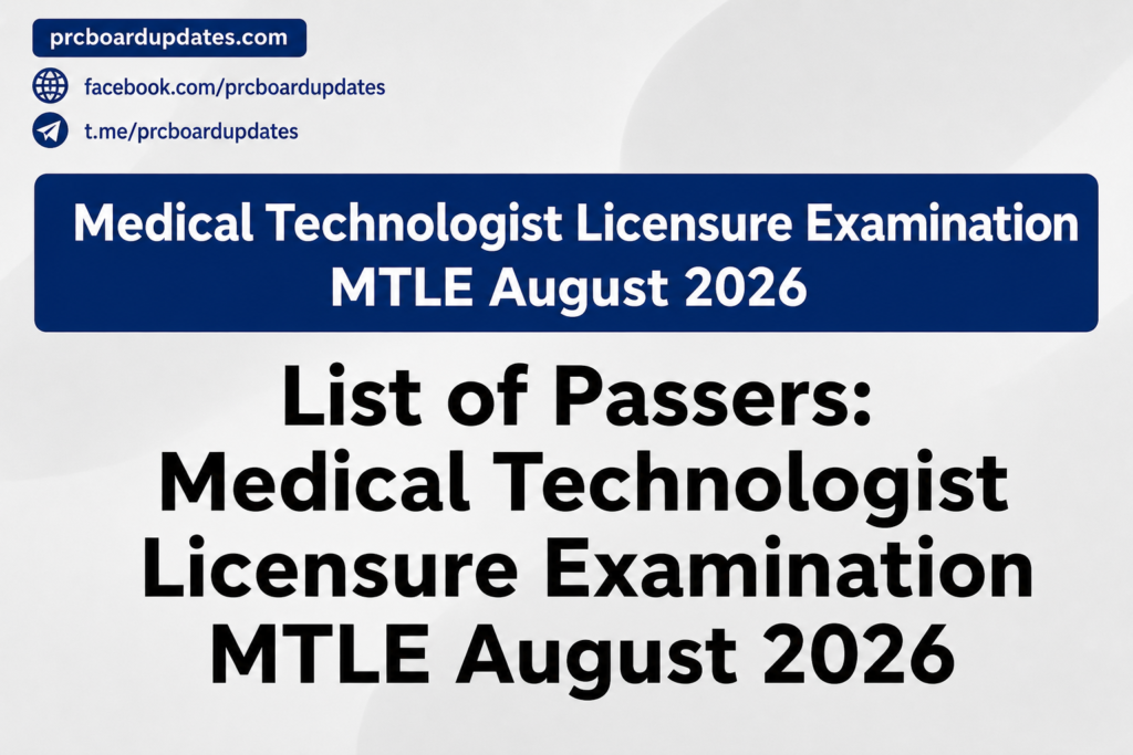 List of Passers: Medical Technologist Licensure Examination MTLE August 2026
