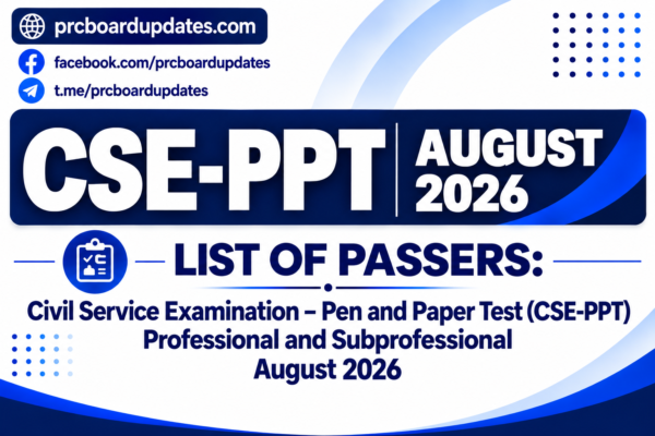 List of Passers: CSE-PPT Professional and Subprofessional August 2026 Civil Service Exam Results
