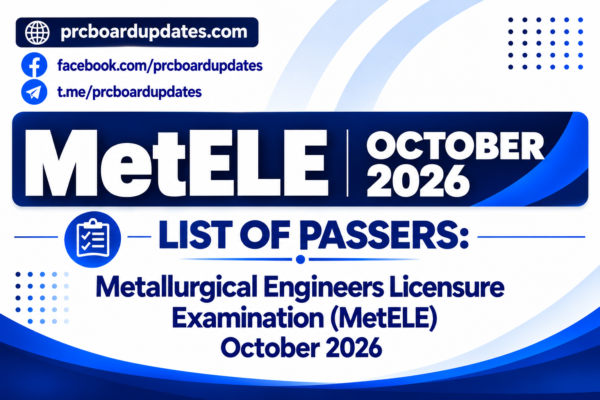 List of Passers: Metallurgical Engineers Licensure Examination MetELE October 2026